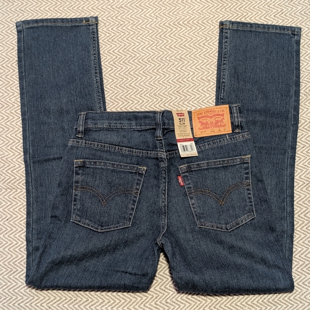 Levi's Kids Slim Fit Jeans - Dark Blue Levi's 511 Adjustable Waist Band Size 12 - Picture 4 of 7